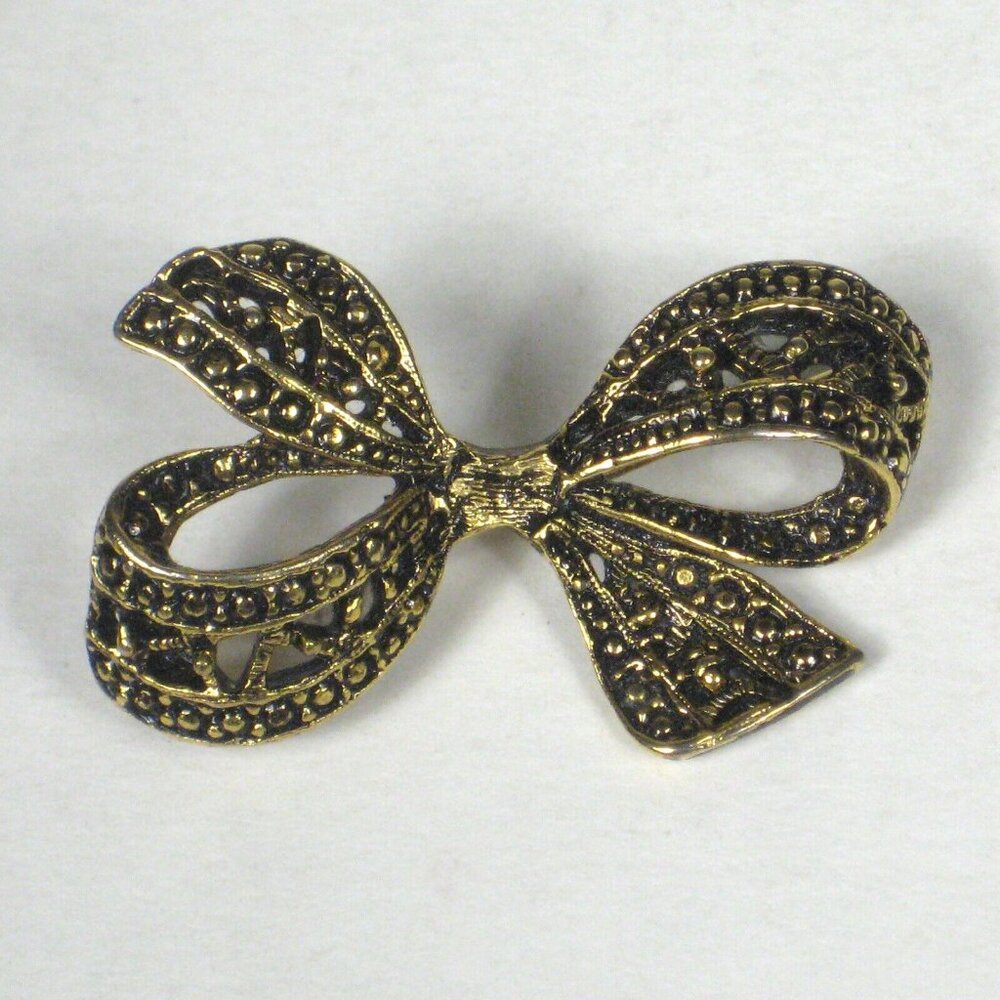 Bow Jewelry Brooch Pin 1 Inch Metal Goldtone Womens Black Ribbon - Picture 1 of 5